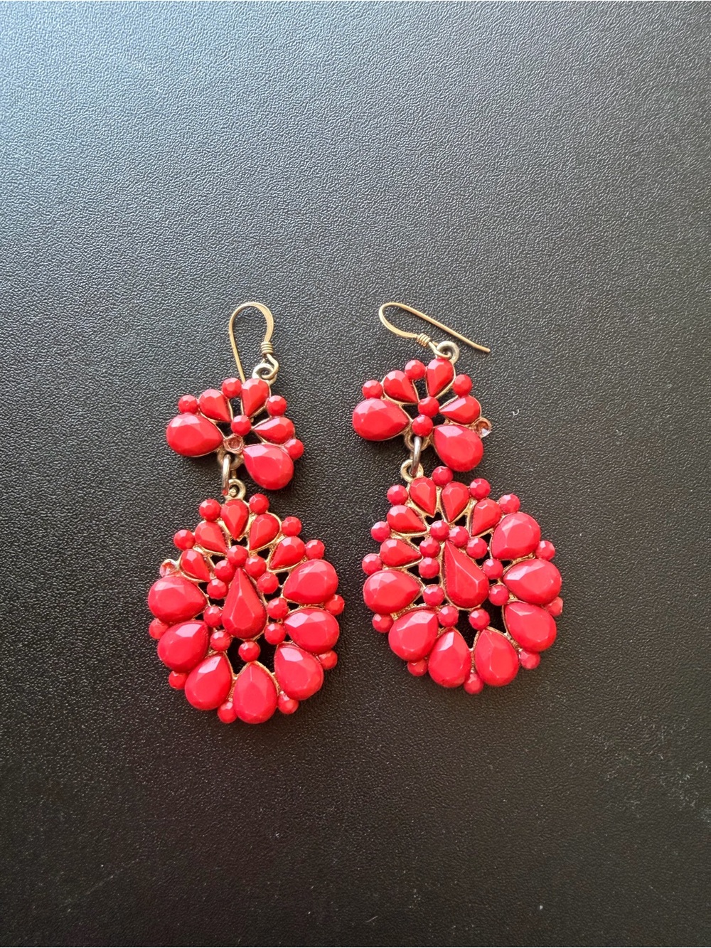 Gold-Tone Red Teardrop Floral Dangle Earrings